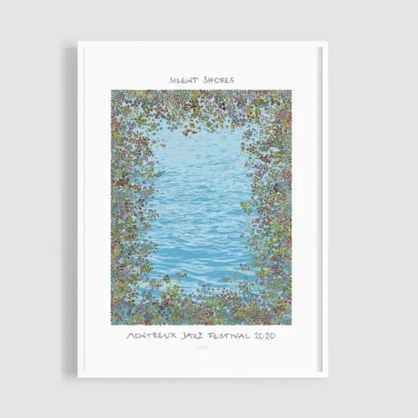 Affiche Silent Shores de Matthias Winkler, qui présente des eaux bleues calmes bordées de motifs floraux abstraits et vibrants dans un style artistique serein.