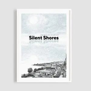 Framed Poster Silent Shores by Oscar Oiwa, created for the Montreux Jazz Festival 2020, features detailed line art of a coastal town beneath a vast sky with textured clouds and sunlight.