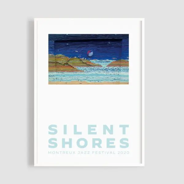Poster Silent Shores by Richard James North features an abstract shoreline and ocean under a dark sky, with "SILENT SHORES" and "Montreux Jazz Festival 2020" displayed elegantly in light blue at the bottom.