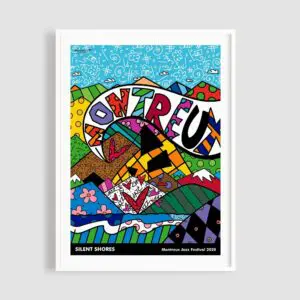 L'Affiche Silent Shores de Romero Britto est une affiche abstraite colorée avec des formes et des motifs audacieux, le mot "Montreux" stylisé et "Silent Shores" en bas à gauche, créée pour le Festival de Jazz de Montreux 2020.