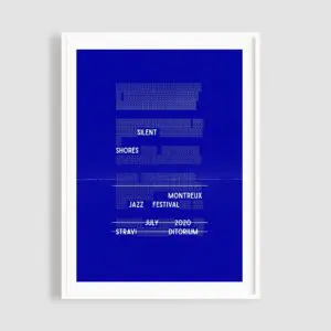 Minimalist blue and white Poster Silent Shores by Yoann Lemoine (Woodkid), for Montreux Jazz Festival 2020, featuring July dates and locations “STRAVI” and “DITORIUM” in a modern blocky font.