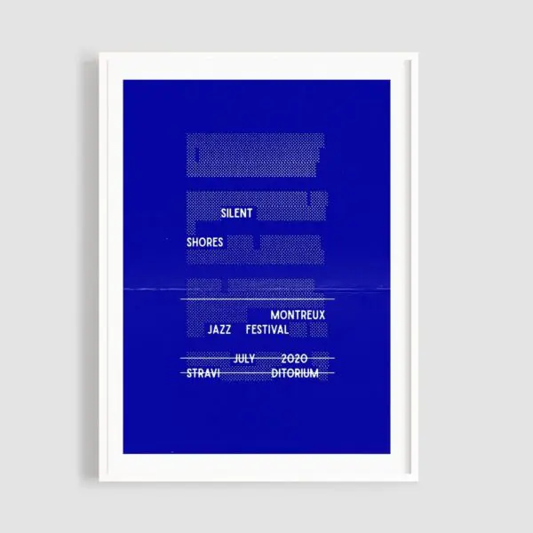 Minimalist blue and white Poster Silent Shores by Yoann Lemoine (Woodkid), for Montreux Jazz Festival 2020, featuring July dates and locations “STRAVI” and “DITORIUM” in a modern blocky font.