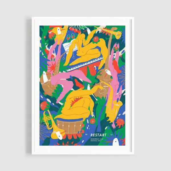 Colorful abstract artwork, "Poster Restart" by Ariadna Sys, depicts nude figures in dynamic poses playing piano, guitar, harp, and drums amid vibrant plants and birds. Inspired by Montreux Jazz posters; “RESTART” appears at the bottom.