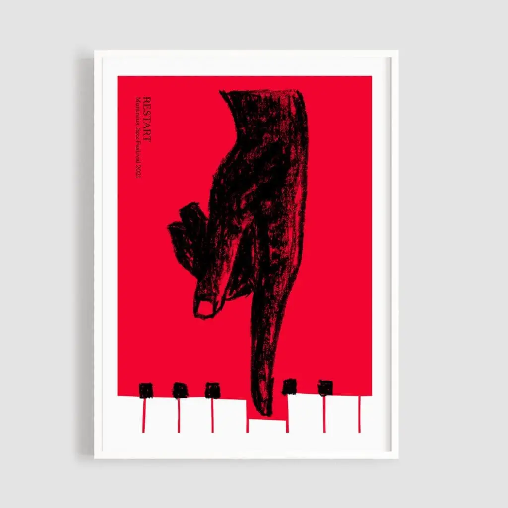 A textured black hand points downward on a bold red background in the striking Poster Restart by Eva Temponera, its fingertip nearly touching five small abstract squares. The word RESTART appears vertically on the left.