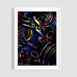 Poster Restart, Jamy Herrmann—an abstract metallic artwork featuring colorful, reflective tubes and rings on a black background, with “RESTART Montreux Jazz Festival 2021” in the corner. Comes framed in white.