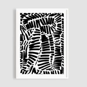 Poster Restart by Jouri Toreev showcases a bold black and white abstract design with uneven stripes resembling piano keys, “JAZZ” text in the corner, and a striking framed look set against a light gray background.