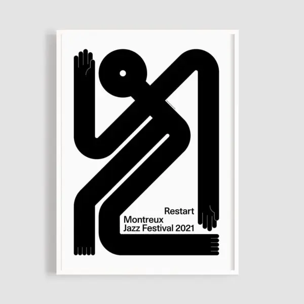 Poster Restart by Nicolas Pellerin features a bold, abstract black figure in a dynamic pose on white. “Restart Montreux Jazz Festival 2021” is printed in the lower left corner.