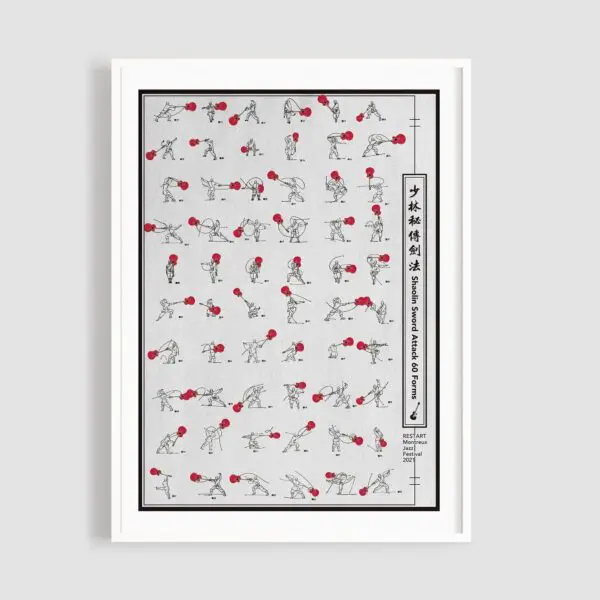 Poster Restart by Xiaofeng Chen features 60 small illustrations of gongfu stances with hand positions marked in red, “Shaolin Foundational 60 Forms” text, Chinese characters in a vertical box, jazz-inspired design, and a white frame.