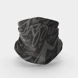 Guêtre de cou noire du Tour de cou Montreux Jazz Festival avec des textes et des gribouillages blancs de type graffiti, dont "JAZZ" et "FESTIVE", sur un fond blanc uni.