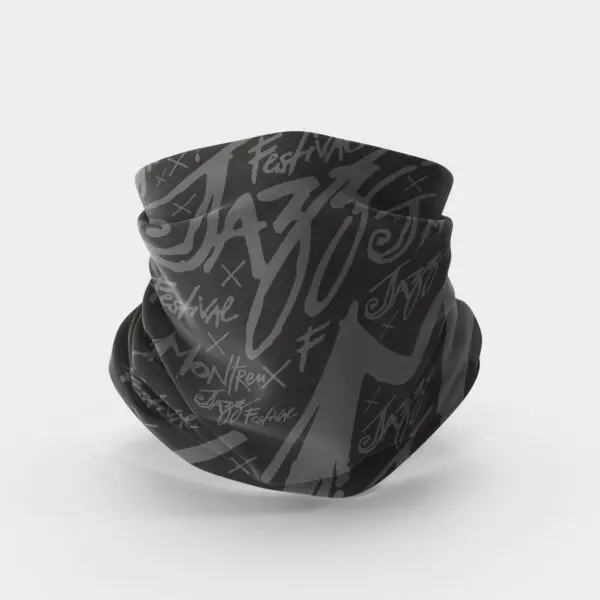 Guêtre de cou noire du Tour de cou Montreux Jazz Festival avec des textes et des gribouillages blancs de type graffiti, dont "JAZZ" et "FESTIVE", sur un fond blanc uni.