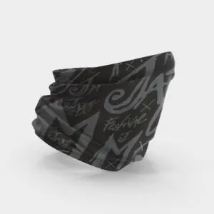 Une guêtre noire avec des lettres grises stylisées en forme de graffiti et des formes abstraites sur fond blanc.