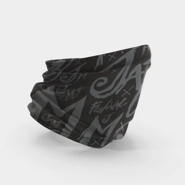 Une guêtre noire avec des lettres grises stylisées en forme de graffiti et des formes abstraites sur fond blanc.