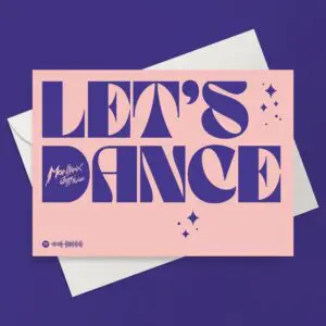 A Let's Dance Card featuring bold purple "LET’S DANCE" text and sparkles on pink, inspired by the Montreux Jazz Festival, shown atop a white envelope on a purple background.