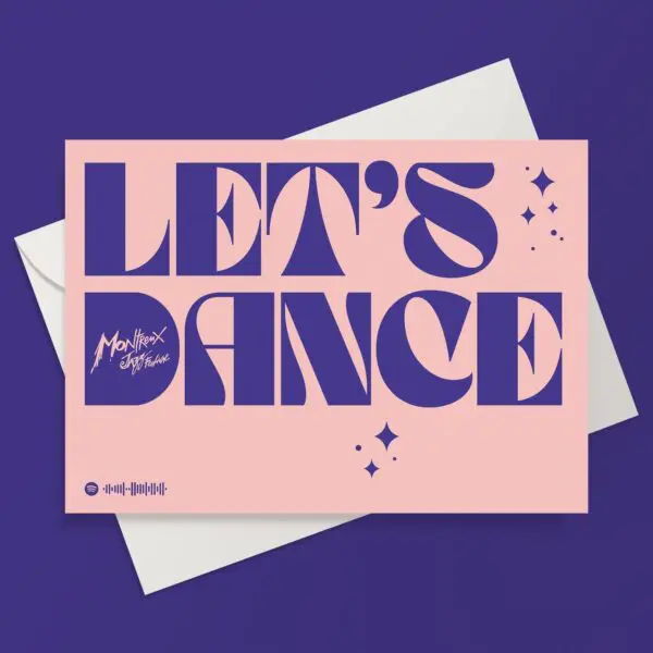 A Let's Dance Card featuring bold purple "LET’S DANCE" text and sparkles on pink, inspired by the Montreux Jazz Festival, shown atop a white envelope on a purple background.