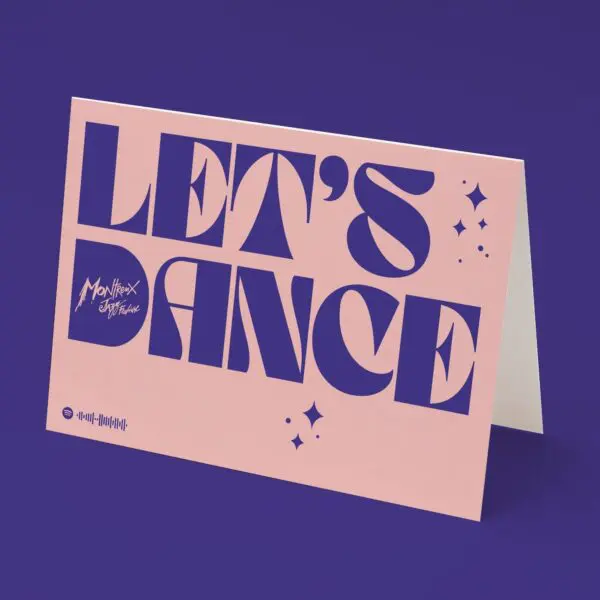 The Let's Dance Card is a folded pink card with bold blue “LET’S DANCE” text, star shapes, and the festival logo on the left, celebrating the Let’s Dance Montreux Festival on a solid purple background.