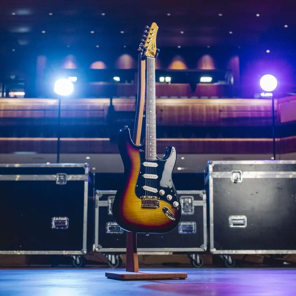 La guitare électrique Atlanta, Guitar Collection, Série limitée sunburst se trouve au centre de la scène du Montreux Jazz Guitar Atlanta, éclairée par les lumières de la scène avec de grandes caisses noires en arrière-plan.