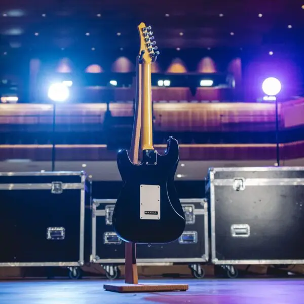 The Detroit Guitar Collection Limited Series electric guitar is showcased on stage with its back facing out, surrounded by lights and equipment, capturing the vibrant energy of a Detroit concert hall.