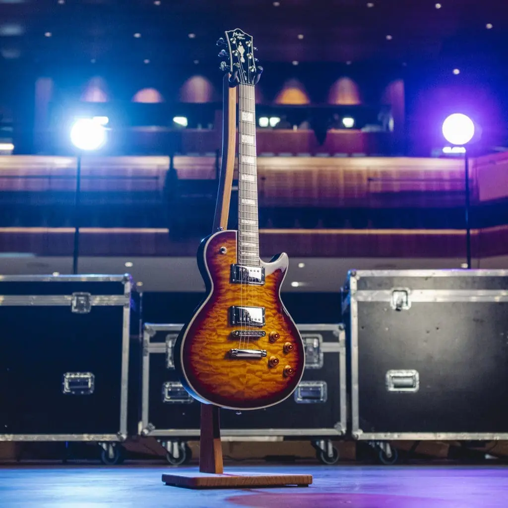 Le Rio, Guitar Collection, Série limitée est présenté sur un stand au Montreux Jazz, centré sur la scène avec deux grandes enceintes et des lumières de scène brillantes en arrière-plan.