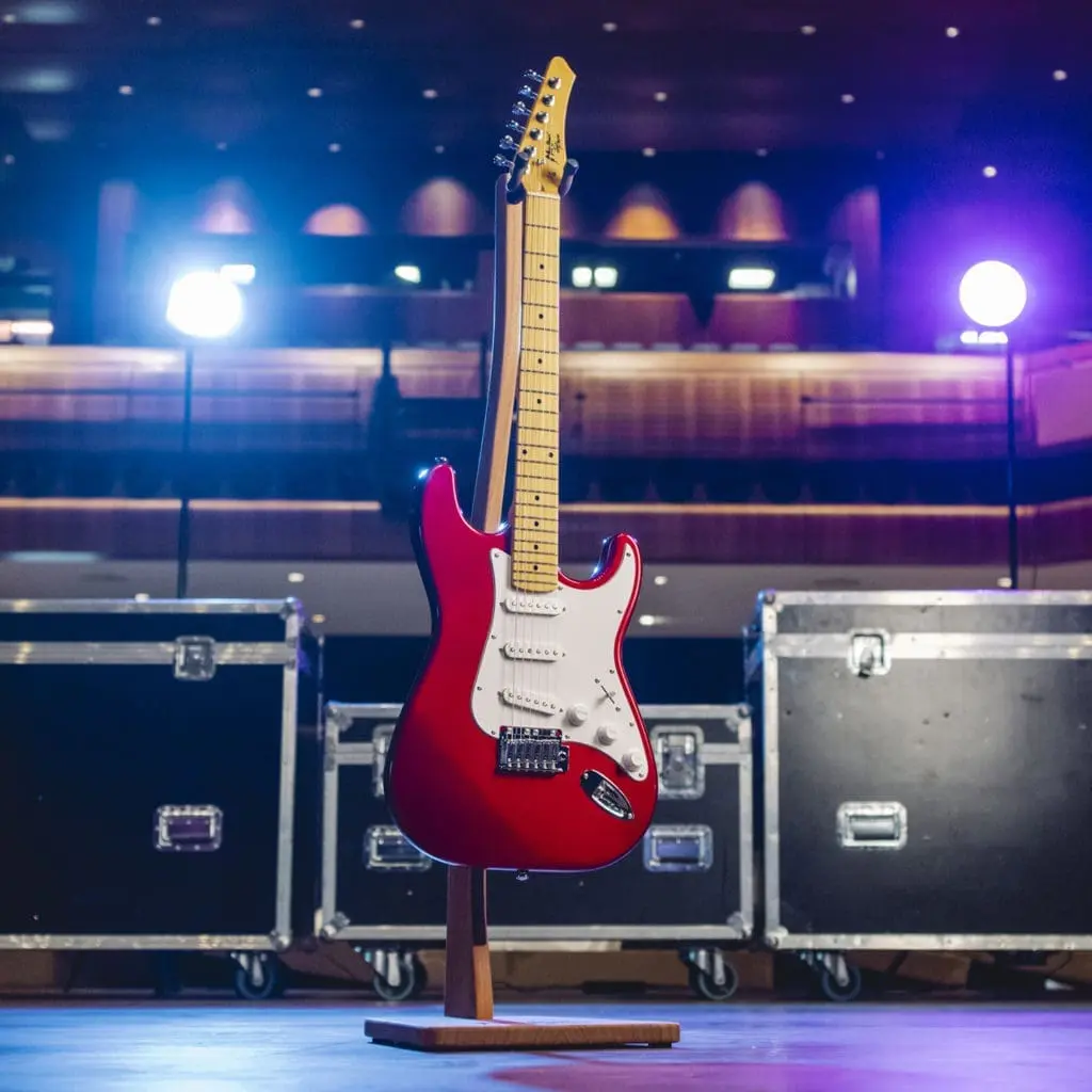 La guitare électrique São Paulo Guitar Collection en édition limitée, de couleur rouge et blanche, est présentée sur scène avec des éclairages bleus et violets et de grandes caisses de matériel en arrière-plan.