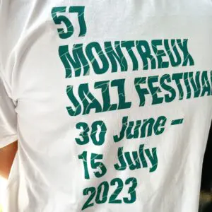 Back of a white T-Shirt Guillaume "SupaKitch" Grando, 2023, with green text: 57 Montreux Jazz Festival 30 June – 15 July 2023.