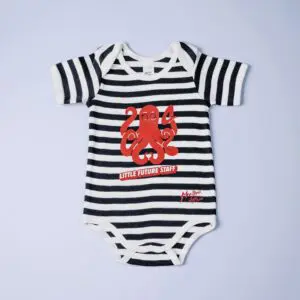 The Body Baby Little Future Staff onesie features black and white stripes, short sleeves, a red cartoon octopus, and "LITTLE FUTURE STAFF" printed on the front.