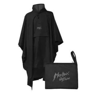 Rain Poncho Durable Montreux Festival edition with iconic logo on the chest, shown next to a matching zippered pouch bearing the same emblem, both displayed on a plain white background.