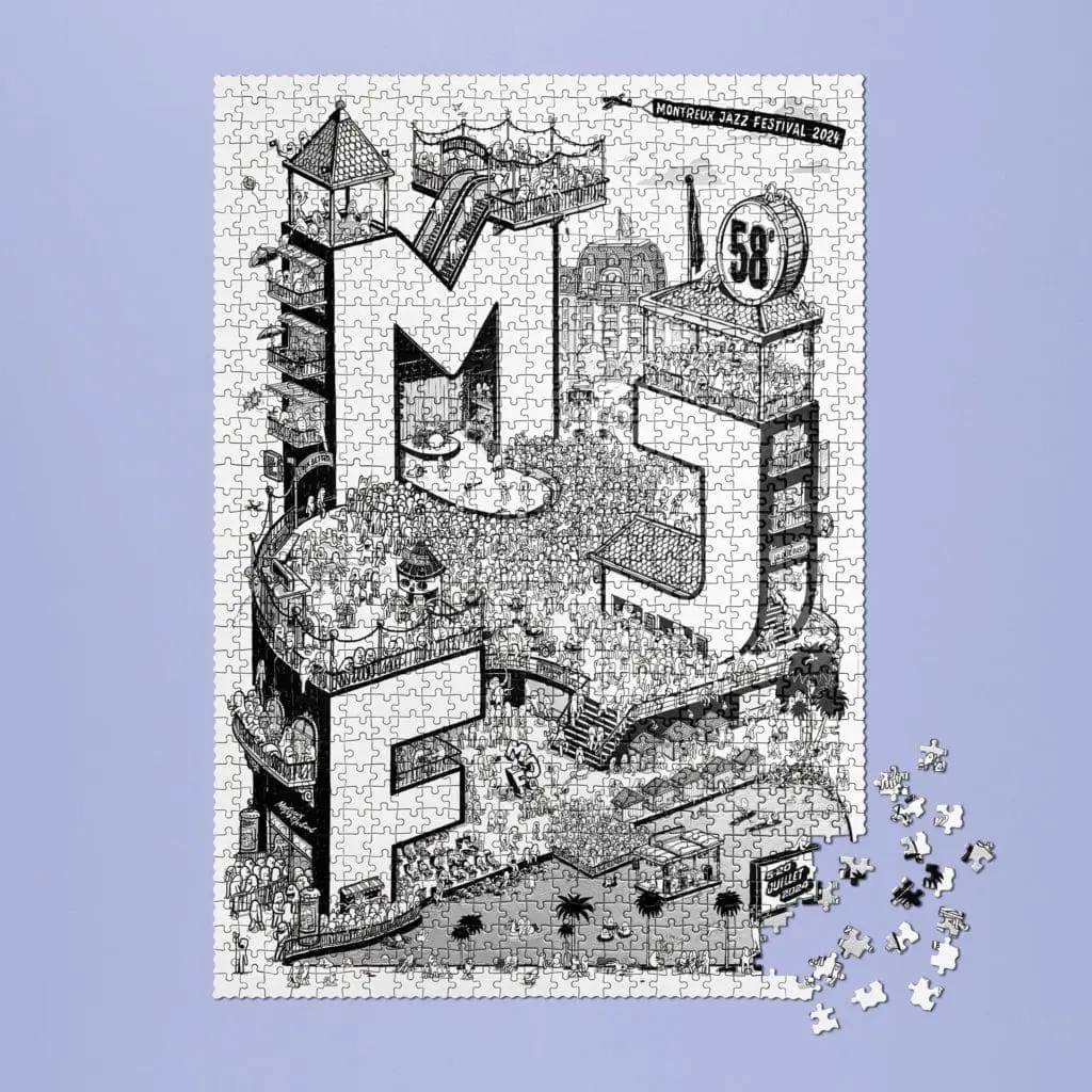 Une fois terminé, le Puzzle Rylsee, 1000 pièces montre une scène animée du Festival de Montreux avec de grandes lettres "MJF" en 3D et des foules. Certaines pièces ne sont pas reliées entre elles et forment une pile en bas à droite sur un fond violet clair.