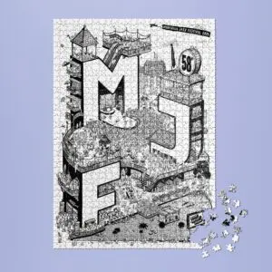 The 1000 Piece Rylsee Puzzle reveals a vibrant city scene featuring bold MJF letters and the Montreux Jazz spirit. Nearly finished, the black-and-white puzzle rests on a light purple surface with a few pieces left to place.