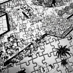 The 1000 Piece Rylsee Puzzle showcases a crowded, cartoon-style beach scene in black and white, filled with simple, smiling characters near water, houses, palm trees, and boats—true to the quirky Montreux Jazz aesthetic.