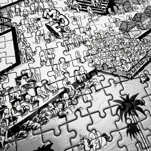 The 1000 Piece Rylsee Puzzle showcases a crowded, cartoon-style beach scene in black and white, filled with simple, smiling characters near water, houses, palm trees, and boats—true to the quirky Montreux Jazz aesthetic.