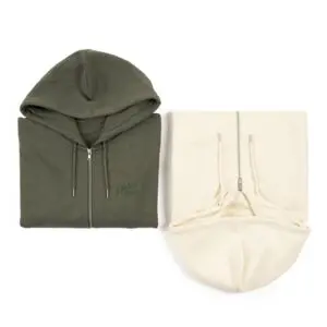 Two folded hoodies are shown: an Embroidered zip-up hoody in khaki with a closed zipper, and a cream-colored version with an open zipper. Both have drawstrings and subtle embroidered chest text.