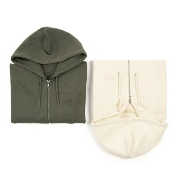 Two folded hoodies are shown: an Embroidered zip-up hoody in khaki with a closed zipper, and a cream-colored version with an open zipper. Both have drawstrings and subtle embroidered chest text.