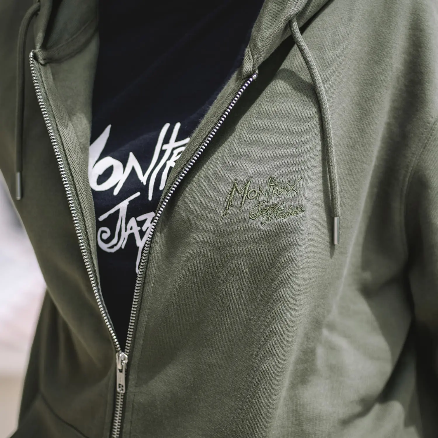 Sweat à capuche zippé brodé, Khaki