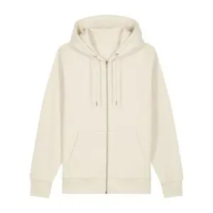 The Embroidered zip-up hoody, Natural, is a light beige hoodie with front zipper, two pockets, hood drawstrings, and embroidered details, shown on a white background.
