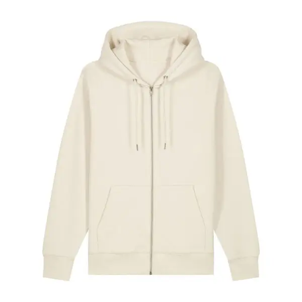 The Embroidered zip-up hoody, Natural, is a light beige hoodie with front zipper, two pockets, hood drawstrings, and embroidered details, shown on a white background.