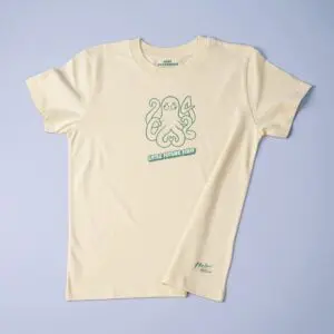 The T-Shirt Rylsee Octopus, Baby is a pale yellow tee with Rylsee's green cartoon octopus holding a fork and spoon on the chest. "LITTLE FUTURE STAFF" appears below, plus a small green signature near the hem.