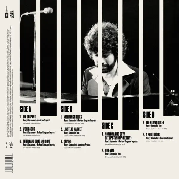A black-and-white photo of Monty Alexander with curly hair and a beard behind a piano. Overlaid text in bold, block lettering lists tracks from "Monty Alexander, The Montreux Years, Double Vinyl," organized by sides A–D.
