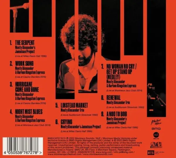 Back cover of Monty Alexander, The Montreux Years CD, shows a nine-song setlist in red and black, a photo of a curly-haired man at a microphone, plus logos and barcode at the bottom.