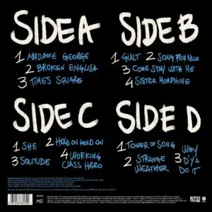 Quatrième de couverture de l'album en noir avec quatre sections étiquetées Side A, B, C, et D. Chaque face énumère les titres des chansons en texte manuscrit blanc, avec des numéros bleus. Un petit texte apparaît au bas de la pochette avec des informations sur l'album et les droits d'auteur.