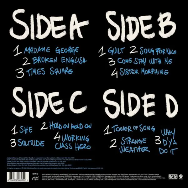 Quatrième de couverture de l'album en noir avec quatre sections étiquetées Side A, B, C, et D. Chaque face énumère les titres des chansons en texte manuscrit blanc, avec des numéros bleus. Un petit texte apparaît au bas de la pochette avec des informations sur l'album et les droits d'auteur.