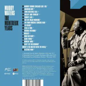 The Muddy Waters, The Montreux Years CD cover shows a black-and-white image of Muddy Waters performing, set against a blue background, with the tracklist of 16 songs displayed on the left side.