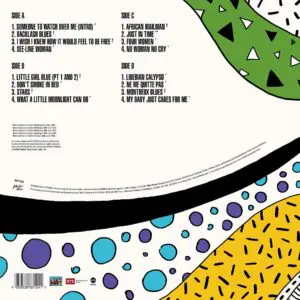 Back cover of Nina Simone, The Montreux Years (Double Splatter Vinyl, Limited Edition) features a colorful abstract design in green, yellow, blue, black & white. Two columns list Side A and C tracks; copyright text appears at the bottom.