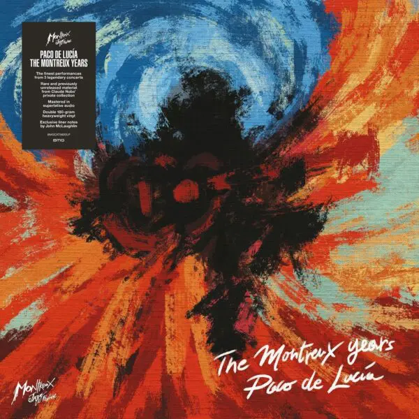 Abstract album cover with vivid blue, red, orange, and black brushstrokes. White script reads "Paco de Lucia The Montreux Years, Double Vinyl." A black square in the upper left displays album details.