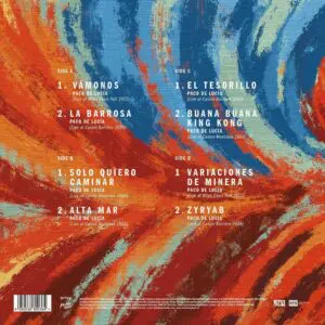 The back cover of Paco de Lucia The Montreux Years Double Vinyl features a vibrant red, blue, and beige abstract design, with four columns listing eight tracks by side (A, B, C, D) and their years in white and yellow text.