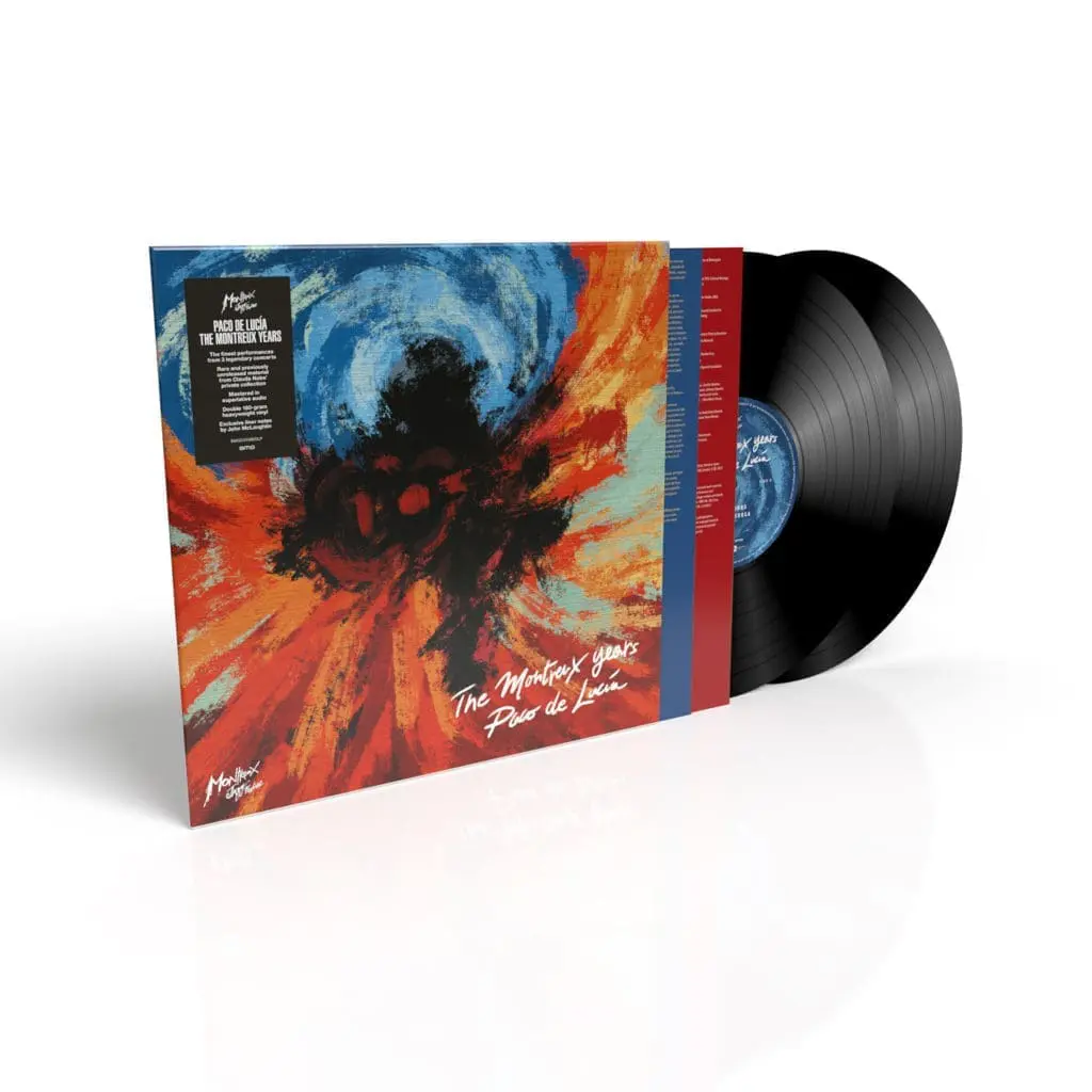 Un disque vinyle sort partiellement d'une pochette colorée présentant un art abstrait et le texte "Paco de Lucia The Montreux Years", mettant en valeur le double album vinyle célébrant ses légendaires prestations à Montreux.