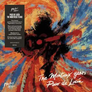 An abstract background of swirling blue, orange, and yellow brushstrokes features the text: Paco de Lucia, The Montreux Years, CD, along with album content and production details.
