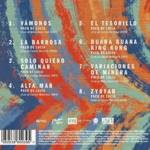 The image shows the back cover of "Paco de Lucia, The Montreux Years" CD, with a colorful abstract background and a tracklist of eight songs, including live Montreux recordings, printed in white and orange text.