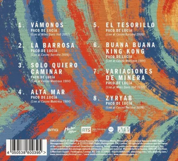 The image shows the back cover of "Paco de Lucia, The Montreux Years" CD, with a colorful abstract background and a tracklist of eight songs, including live Montreux recordings, printed in white and orange text.