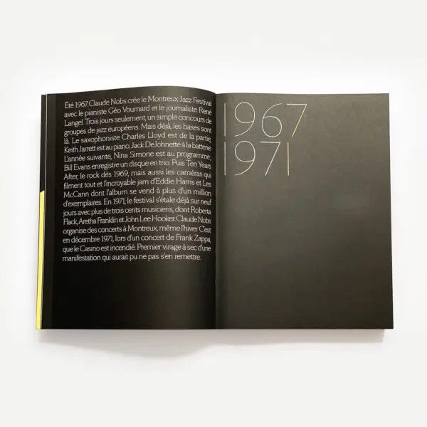 The product "50 Summers Of Music" is shown open: its left black page has white French text on the Montreux Jazz Festival, while the right black page features large white and gold numbers "1967 1971." The background is white.