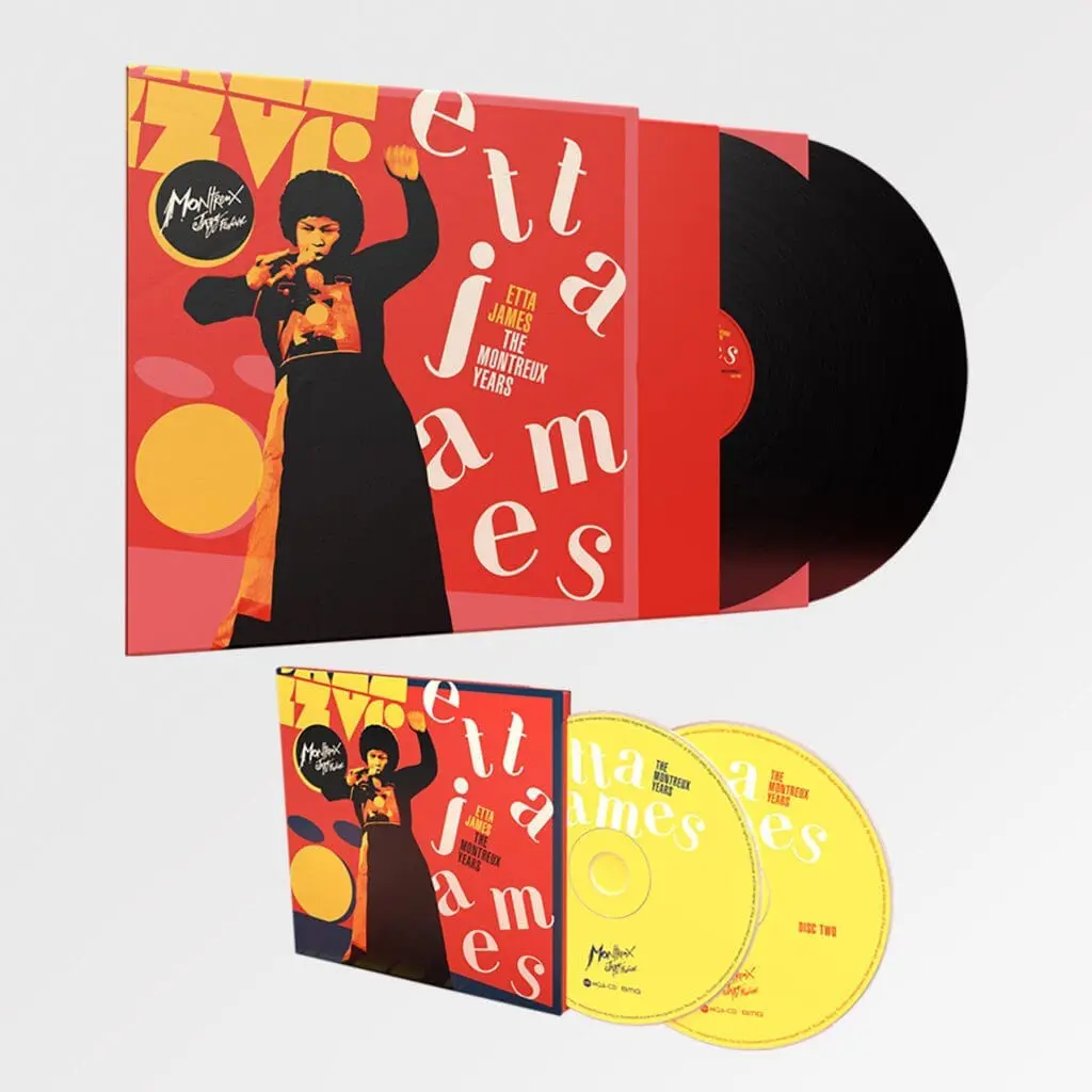 Le coffret Etta James, The Montreux Years, Double CD + Double Vinyl est présenté avec une pochette d'album rouge et jaune vibrante, comportant une photo d'Etta James en train de chanter et un lettrage audacieux blanc et orange.